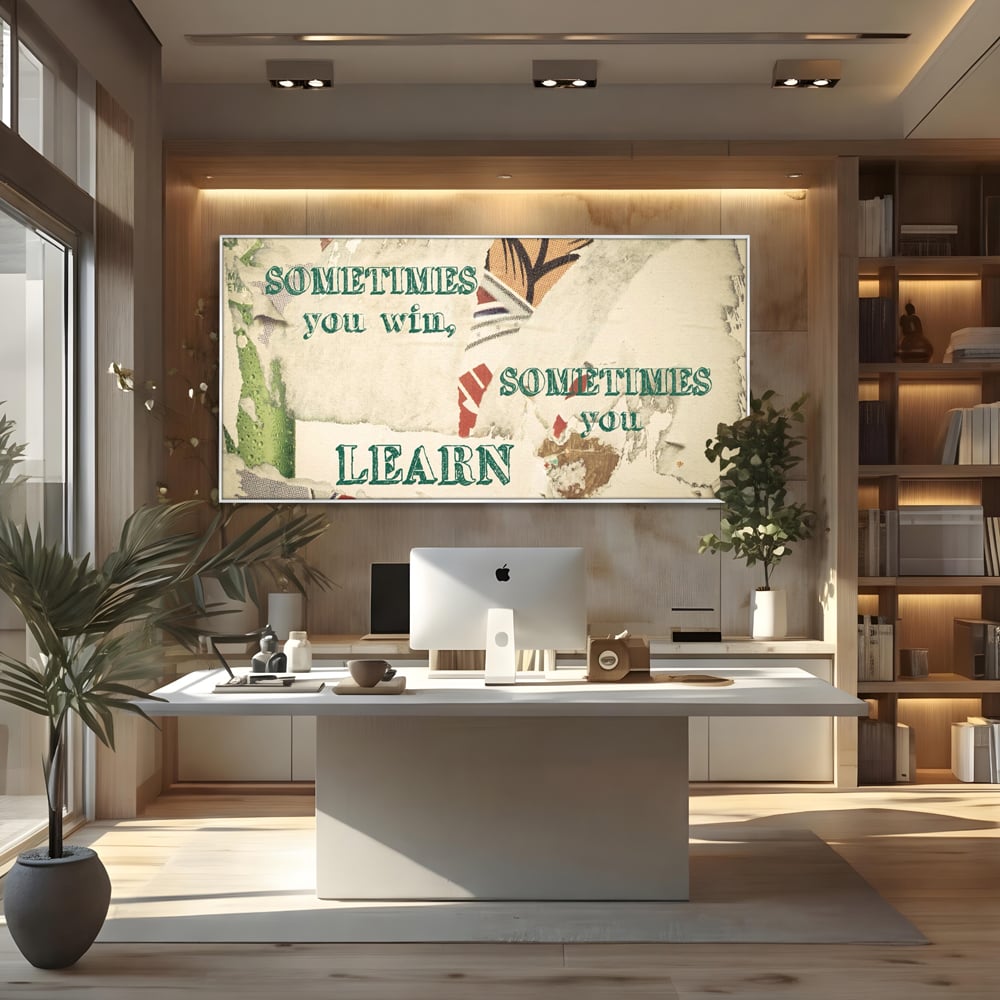Tablou canvas cu tablou canvas cu mesaj motivational, in rama de aluminiu argintiu, pe perete intr-un birou
